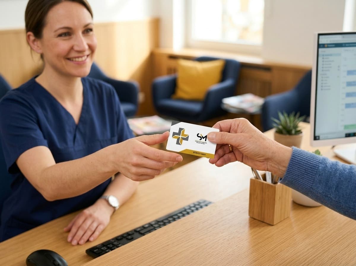 Patient reicht am Empfang einer Praxis seine Versichertenkarte